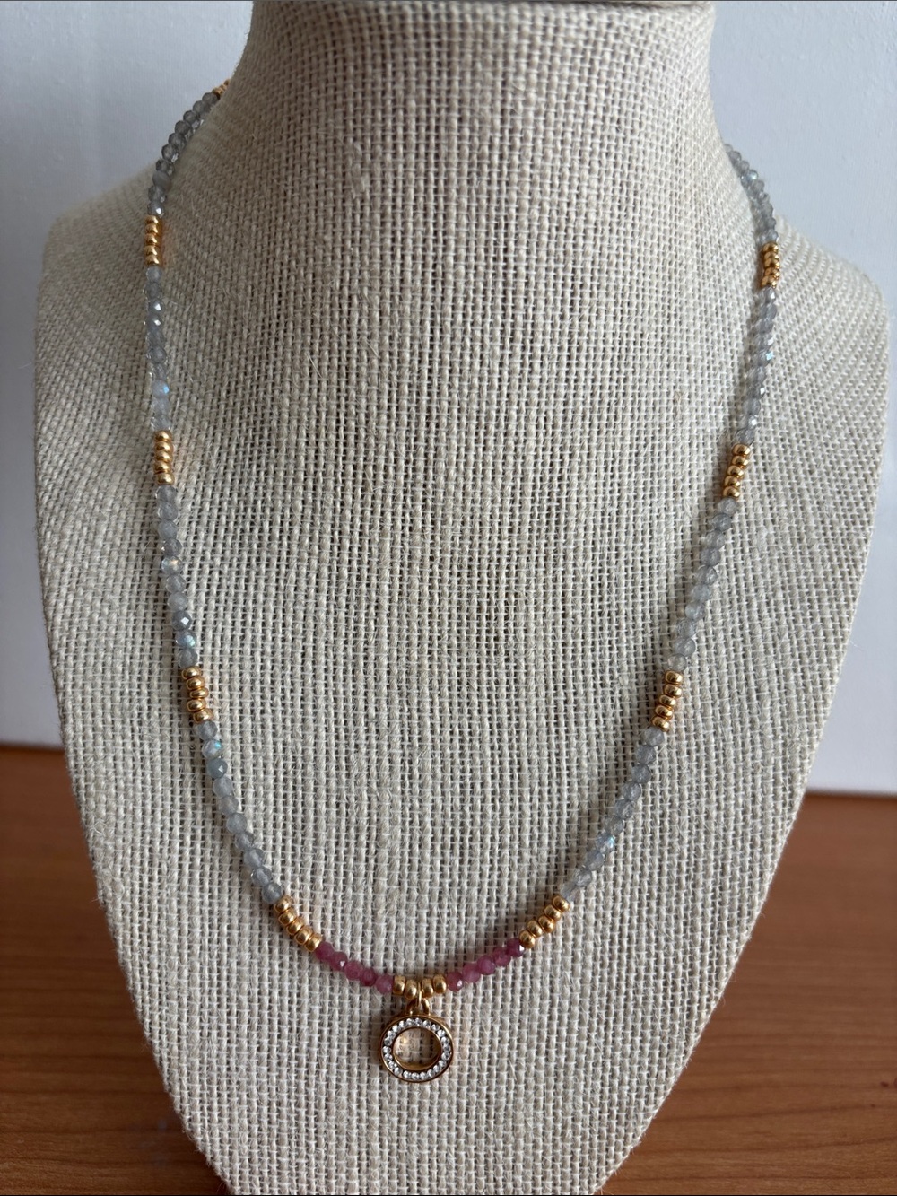 Gold-Pendant Gray and Pink Bead Necklace